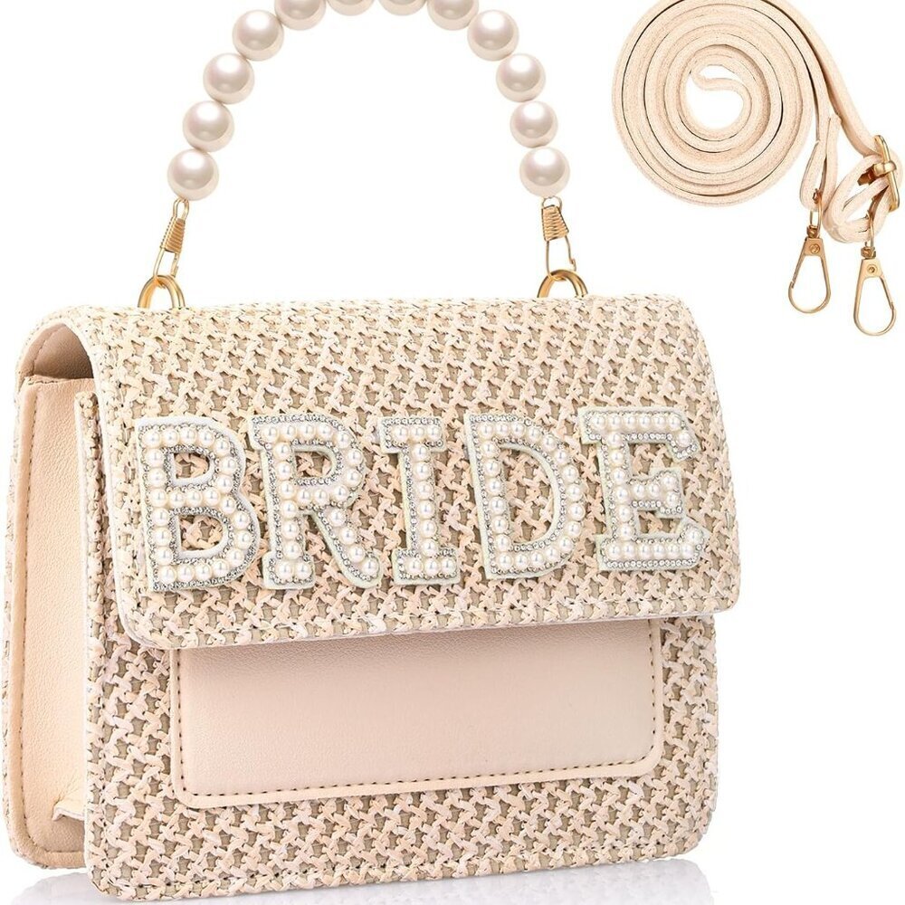 Bride Purse Bridal Beach Straw Bag with Pearls Handle Clutch Purse Women Gifts f